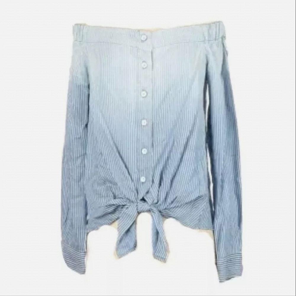 Fifteen Twenty 100% Cotton Blue Ombre Off Shoulder Long Sleeve Button‎ Up Blouse